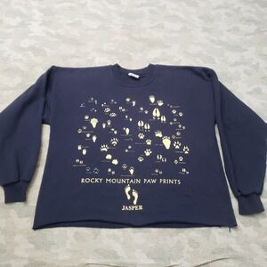 Vintage Cityscape Sweatshirt Women Medium Blue Cropped Rocky Mountain Paw Prints